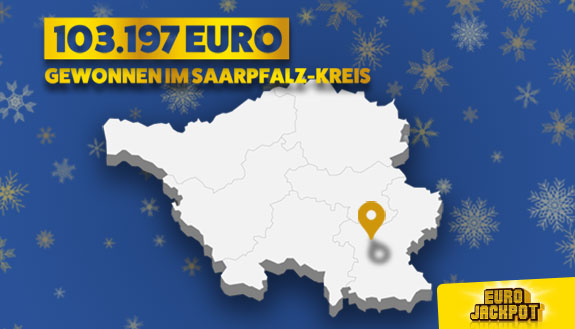 103197 Euro gewonnen beim Eurojackpot, Saarlandkarte mit Markierung beim Saar-Pfalz-Kreis, blauer Hintergrund mit Schneeflocken