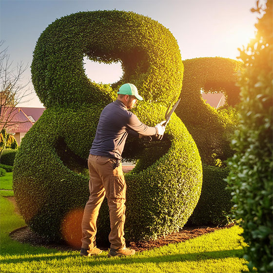 Ein Mann trimmt eine Hecke, die wie eine lachende Acht aussieht