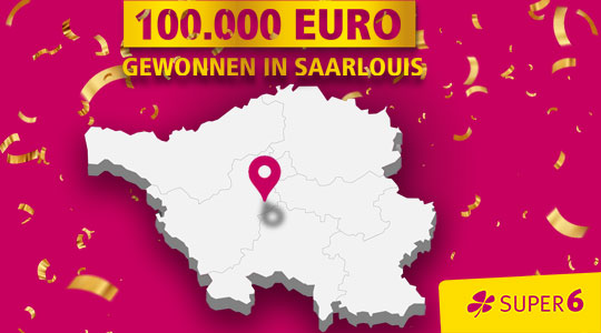 100.000 Euro gewonnen im Landkreis Saarlouis bei der Zusatzlotterie Super 6. Zu sehen ist die Saarlandkarte mit einer Markierung bei Saarlouis vor pinkfarbenen Hintergrund und Glitter