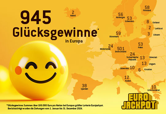 Verteilung der 945 Glücksgewinne in Europa, Summen über 10000 Euro bei Eurojackpot, Europakarte mit lächelndem Emoji