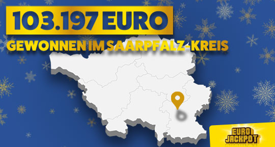 103197 Euro gewonnen im Saarpfalz-Kreis bei Eurojackpot, Saarlandkarte mit Markierung im Saarpfalz-Kreis, blauer Hintergrund mit Schneeflocken