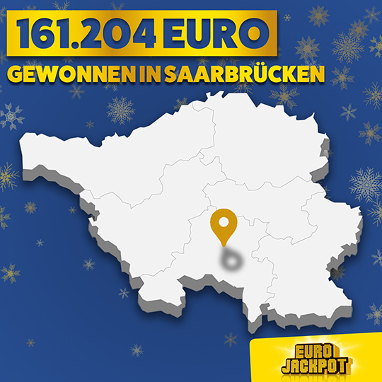 161204 Euro gewonnen im Regionalverband Saarbrücken bei Eurojackpot, Saarlandkarte mit Markierung Saarbrücken