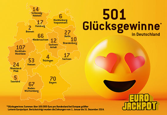 Verteilung der 501 Glücksgewinne in Deutschland, Gewinne über 100000 Euro bei Eurojackpot mit Herzaugen-Emoji