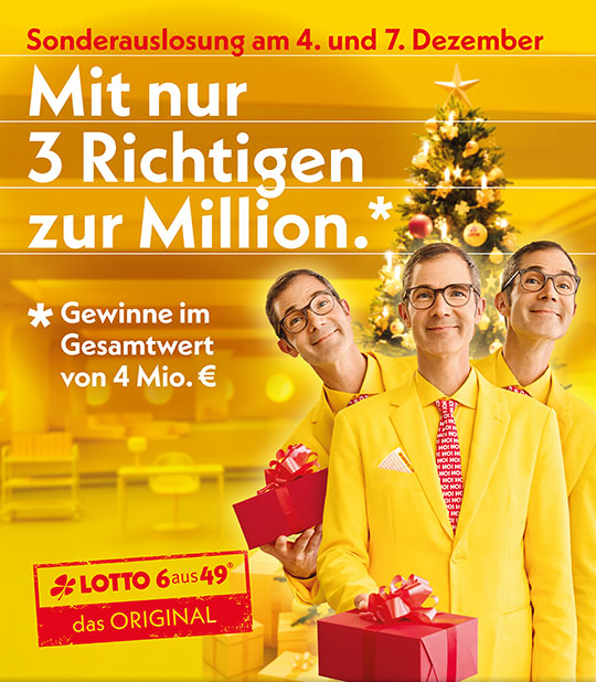 Lotto 6aus49 Sonderauslosung am 4. und 7. Dezember, mit nur 3 Richtigen zur Million. Gewinne im Gesamtwert von 4 Millionen Euro. Lotto 6aus49 das Original