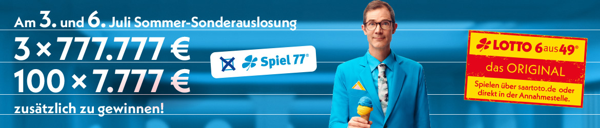 Am 3. und 6. Juli Sommer-Sonderauslosung bei Spiel 77, 3 x 777.777 Euro und 100 mal 7.777 Euro zusätzlich gewinnen. Lotto 6aus49 das Original